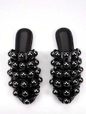 Black Beaded Slide Mules